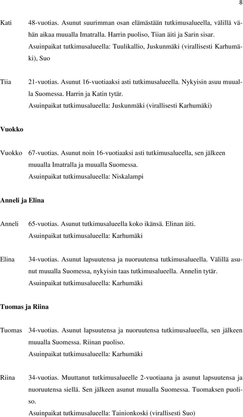 Asuinpaikat tutkimusalueella: Juskunmäki (virallisesti Karhumäki) Vuokko Vuokko 67-vuotias. Asunut noin 16-vuotiaaksi asti tutkimusalueella, sen jälkeen muualla Imatralla ja muualla Suomessa.