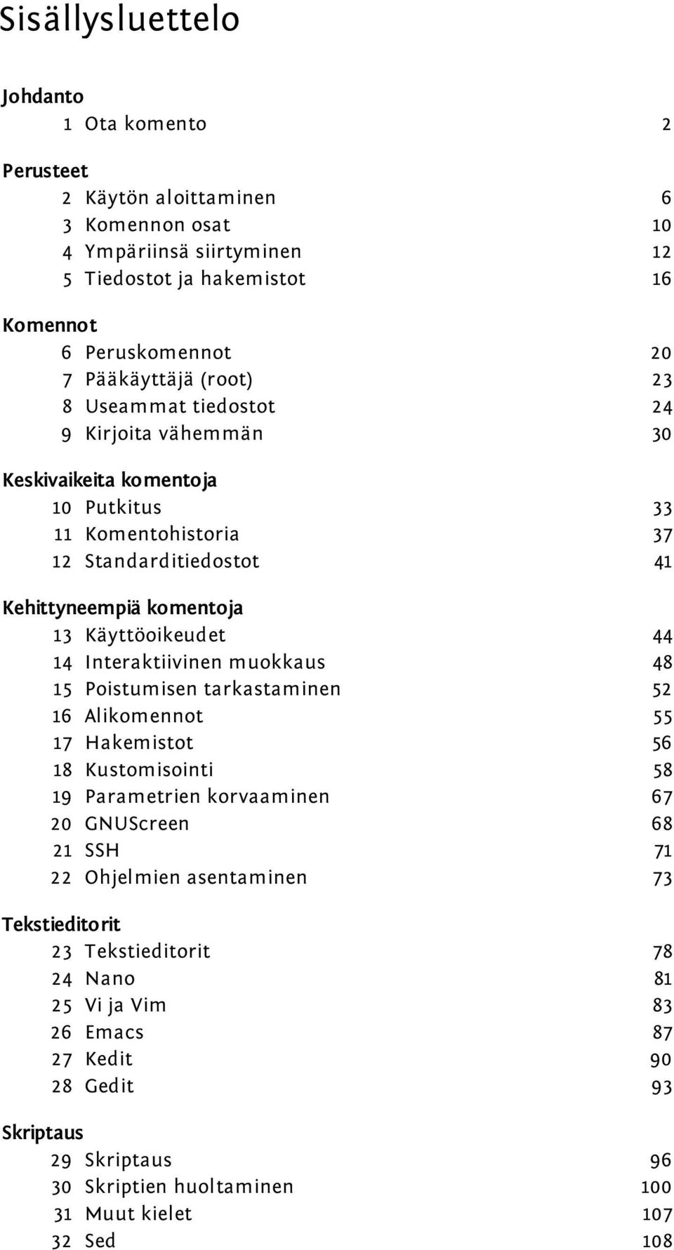 Käyttöoikeudet 44 14 Interaktiivinen muokkaus 48 15 Poistumisen tarkastaminen 52 16 Alikomennot 55 17 Hakemistot 56 18 Kustomisointi 58 19 Parametrien korvaaminen 67 20 GNUScreen 68 21 SSH 71