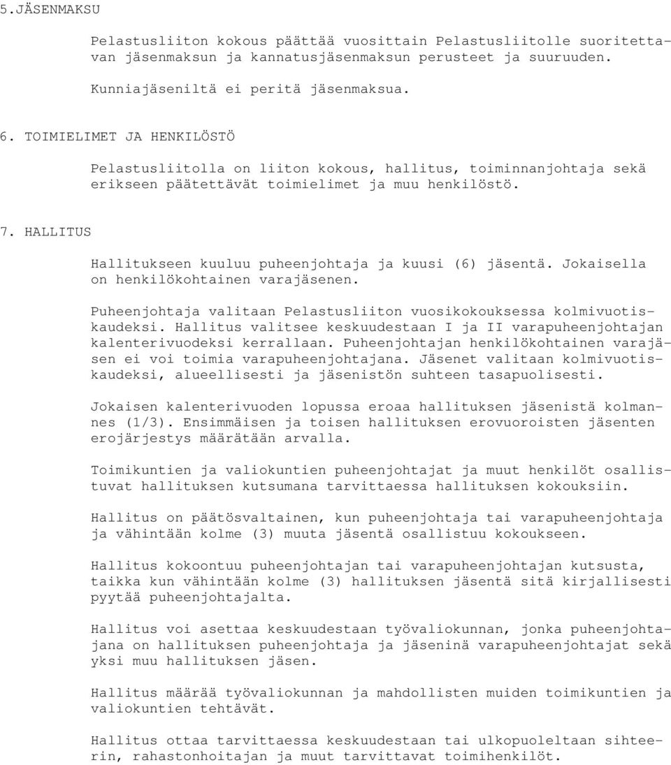 HALLITUS Hallitukseen kuuluu puheenjohtaja ja kuusi (6) jäsentä. Jokaisella on henkilökohtainen varajäsenen. Puheenjohtaja valitaan Pelastusliiton vuosikokouksessa kolmivuotiskaudeksi.