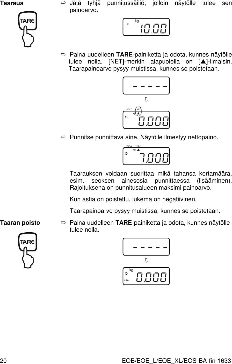 Taarauksen voidaan suorittaa mikä tahansa kertamäärä, esim. seoksen ainesosia punnittaessa (lisääminen). Rajoituksena on punnitusalueen maksimi painoarvo.