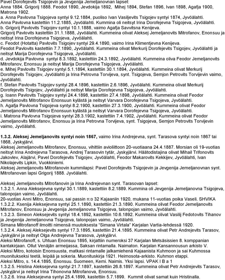 Kummina oli neitsyt Irina Dorofejevna Tsigojeva, Jyvöälahti. b. Grigorij Pavlovits Tsigojev syntyi 10.1.1888, vaimo Agafja Savvitsna Kenijeva. Grigorij Pavlovits kastettiin 31.1.1888, Jyvöälahti.
