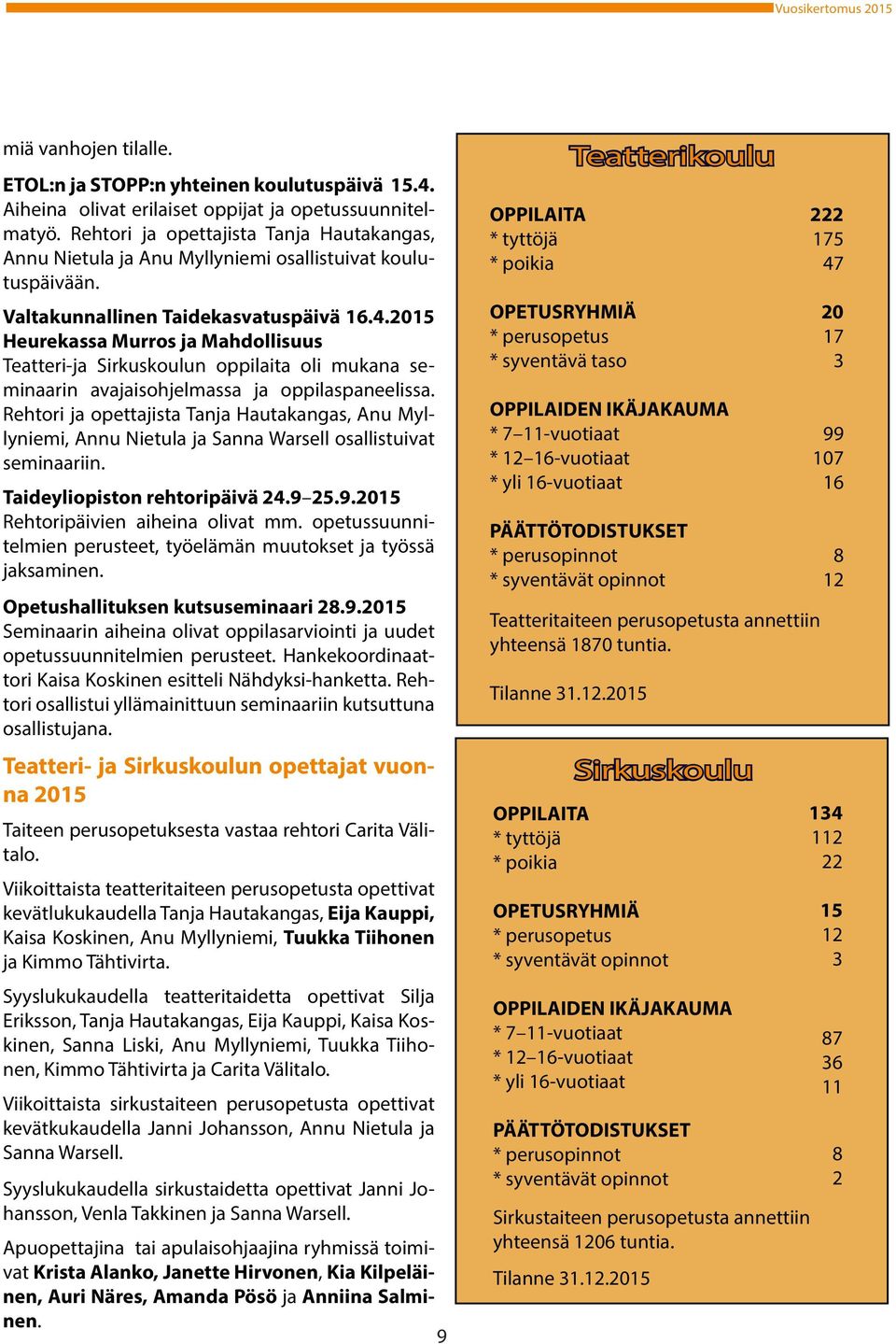 2015 Heurekassa Murros ja Mahdollisuus Teatteri-ja Sirkuskoulun oppilaita oli mukana seminaarin avajaisohjelmassa ja oppilaspaneelissa.