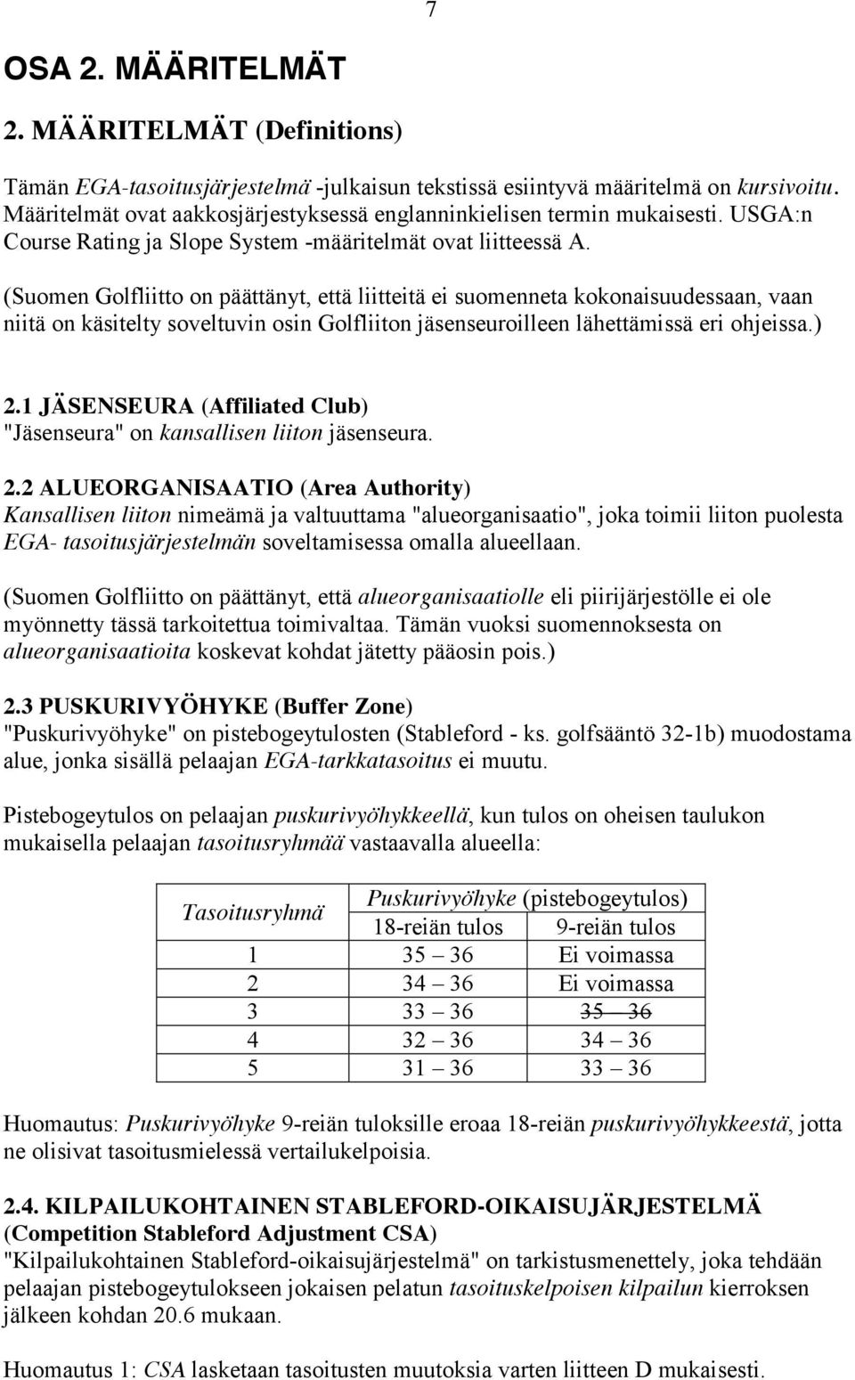 (Suomen Golfliitto on päättänyt, että liitteitä ei suomenneta kokonaisuudessaan, vaan niitä on käsitelty soveltuvin osin Golfliiton jäsenseuroilleen lähettämissä eri ohjeissa.) 2.