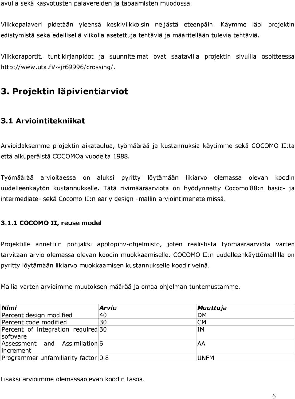 Viikkoraportit, tuntikirjanpidot ja suunnitelmat ovat saatavilla projektin sivuilla osoitteessa http://www.uta.fi/~jr69996/crossing/. 3. Projektin läpivientiarviot 3.