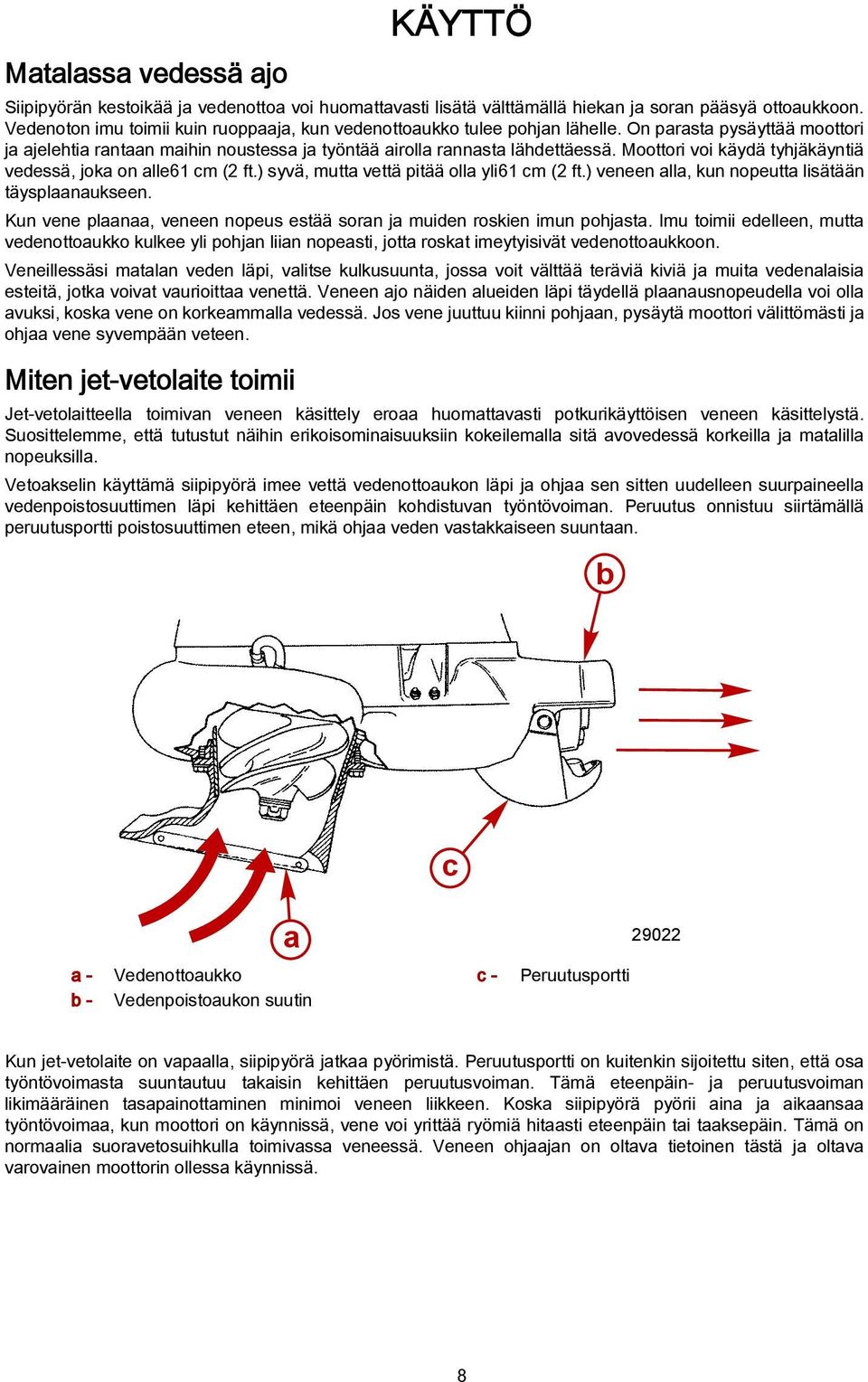 Moottori voi käydä tyhjäkäyntiä vedessä, joka on alle61 cm (2 ft.) syvä, mutta vettä pitää olla yli61 cm (2 ft.) veneen alla, kun nopeutta lisätään täysplaanaukseen.