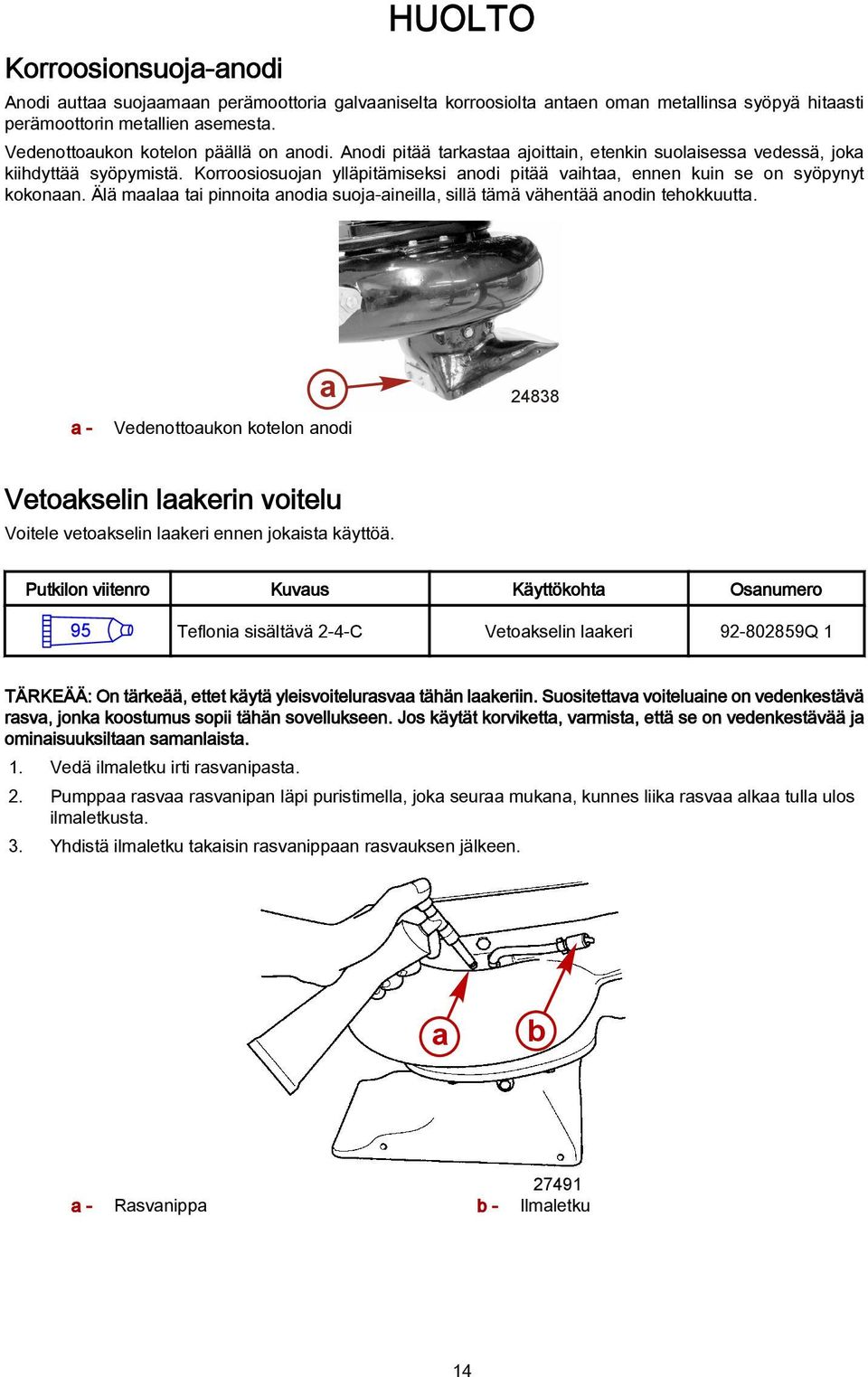 Korroosiosuojan ylläpitämiseksi anodi pitää vaihtaa, ennen kuin se on syöpynyt kokonaan. Älä maalaa tai pinnoita anodia suoja-aineilla, sillä tämä vähentää anodin tehokkuutta.