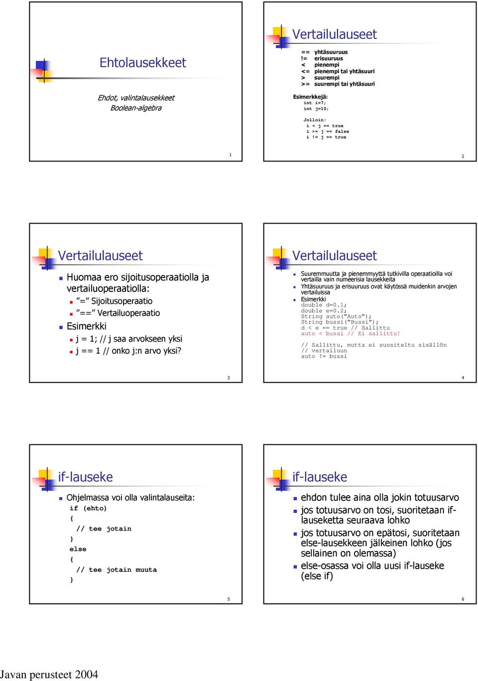 = j == true 1 2 Vertailulauseet Huomaa ero sijoitusoperaatiolla ja vertailuoperaatiolla: = Sijoitusoperaatio == Vertailuoperaatio Esimerkki j = 1; // j saa arvokseen yksi j == 1 // onko j:n arvo yksi?