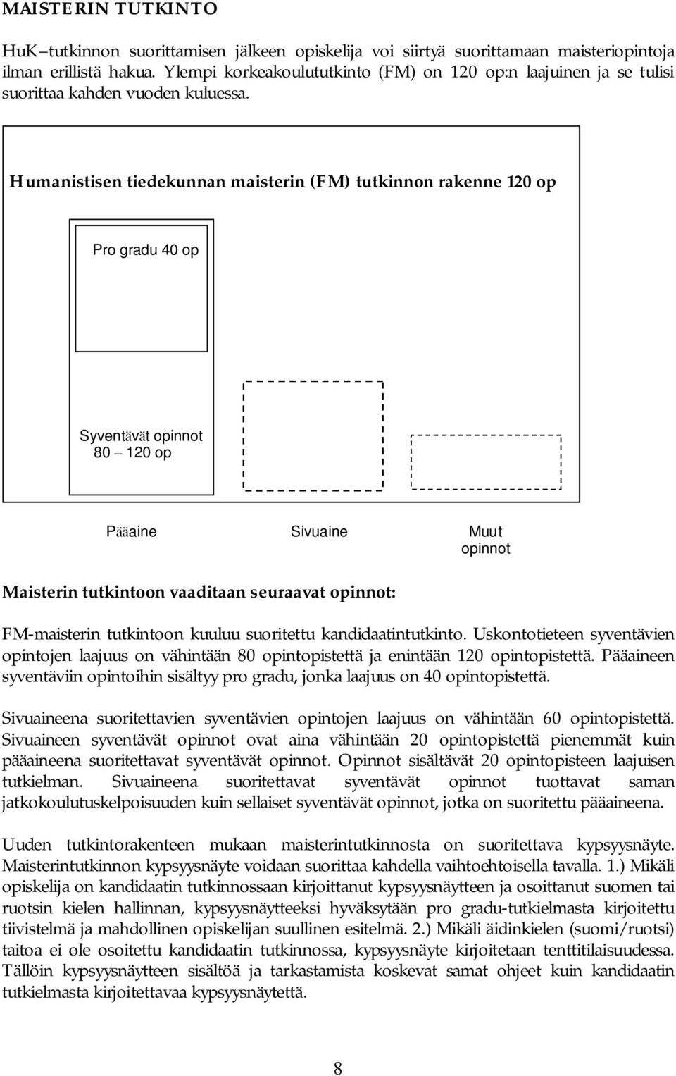 Humanistisen tiedekunnan maisterin (FM) tutkinnon rakenne 120 op Pro gradu 40 op Syventävät opinnot 80 120 op Pääaine Sivuaine Muut opinnot Maisterin tutkintoon vaaditaan seuraavat opinnot: