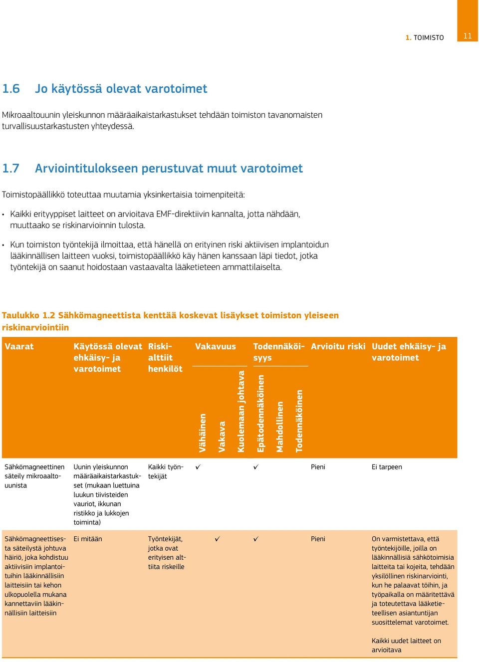 7 Arviointitulokseen perustuvat muut varotoimet Toimistopäällikkö toteuttaa muutamia yksinkertaisia toimenpiteitä: Kaikki erityyppiset laitteet on arvioitava EMF-direktiivin kannalta, jotta nähdään,