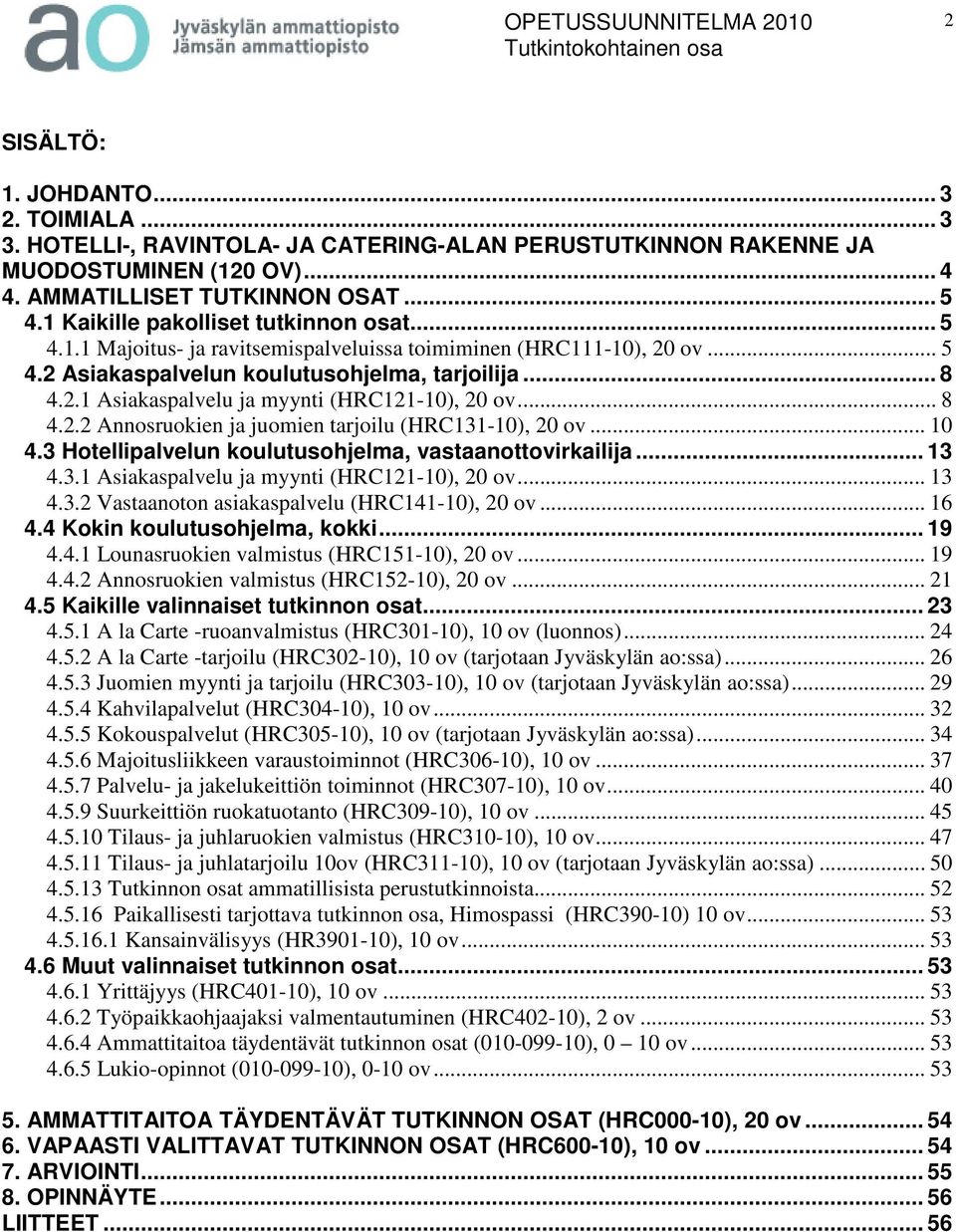 .. 8 4.2.2 Annosruokien ja juomien tarjoilu (HRC131-10), 20 ov... 10 4.3 Hotellipalvelun koulutusohjelma, vastaanottovirkailija... 13 4.3.1 Asiakaspalvelu ja myynti (HRC121-10), 20 ov... 13 4.3.2 Vastaanoton asiakaspalvelu (HRC141-10), 20 ov.