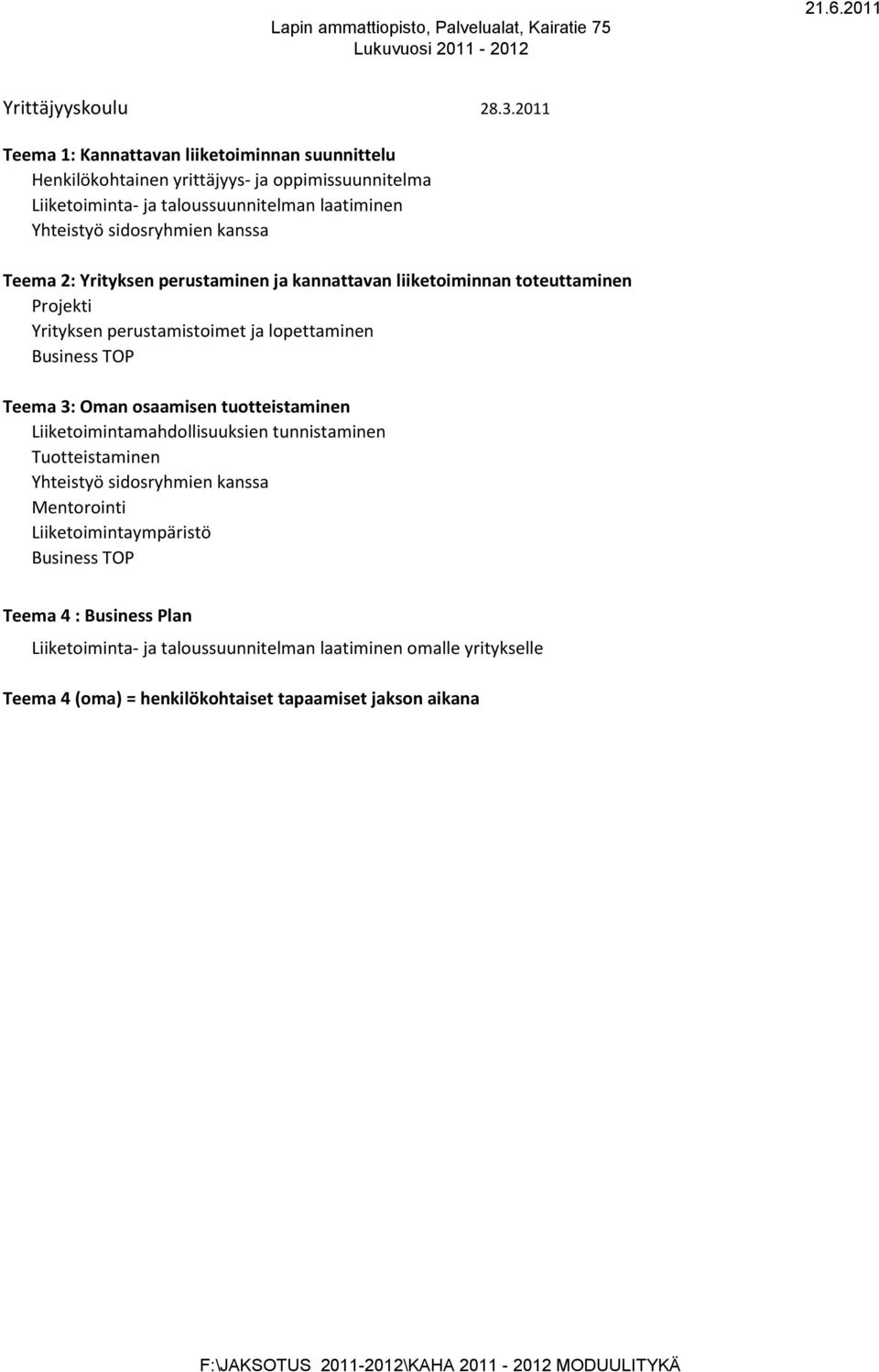 kanssa Teema 2: Yrityksen perustaminen ja kannattavan liiketoiminnan toteuttaminen Projekti Yrityksen perustamistoimet ja lopettaminen Business TOP Teema 3: Oman osaamisen