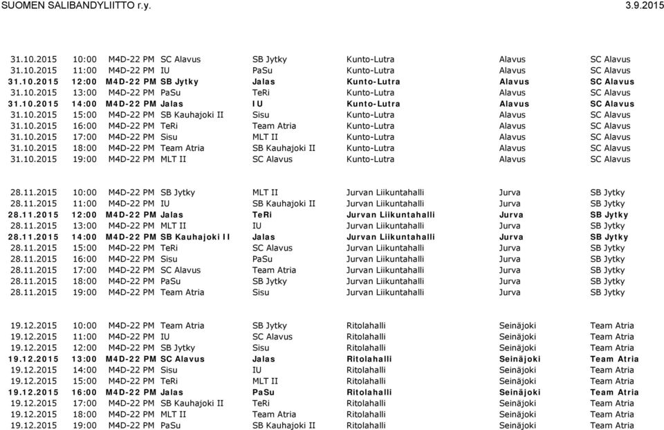10.2015 16:00 M4D-22 PM TeRi Team Atria Kunto-Lutra Alavus SC Alavus 31.10.2015 17:00 M4D-22 PM Sisu MLT II Kunto-Lutra Alavus SC Alavus 31.10.2015 18:00 M4D-22 PM Team Atria SB Kauhajoki II Kunto-Lutra Alavus SC Alavus 31.