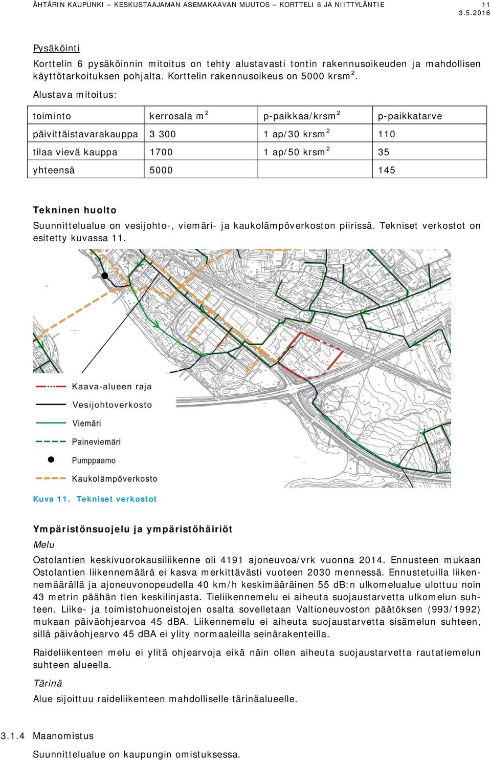 Alustava mitoitus: toiminto kerrosala m 2 p-paikkaa/krsm 2 p-paikkatarve päivittäistavarakauppa 3 300 1 ap/30 krsm 2 110 tilaa vievä kauppa 1700 1 ap/50 krsm 2 35 yhteensä 5000 145 Tekninen huolto