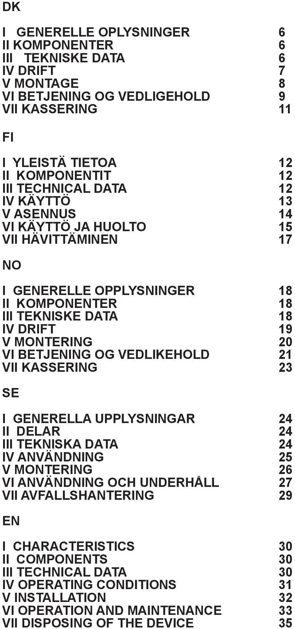 VI Betjening og VEDLIKEHOLD 21 VII KASSERING 23 SE I Generella upplysningar 24 II DELAR 24 III Tekniska DATA 24 IV ANVÄNDNING 25 V MONTERING 26 VI Användning och underhåll 27 VII