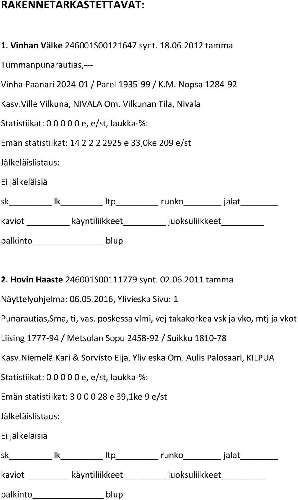 02.06.2011 tamma Näyttelyohjelma: 06.05.2016, Ylivieska Sivu: 1 Punarautias,Sma, ti, vas.