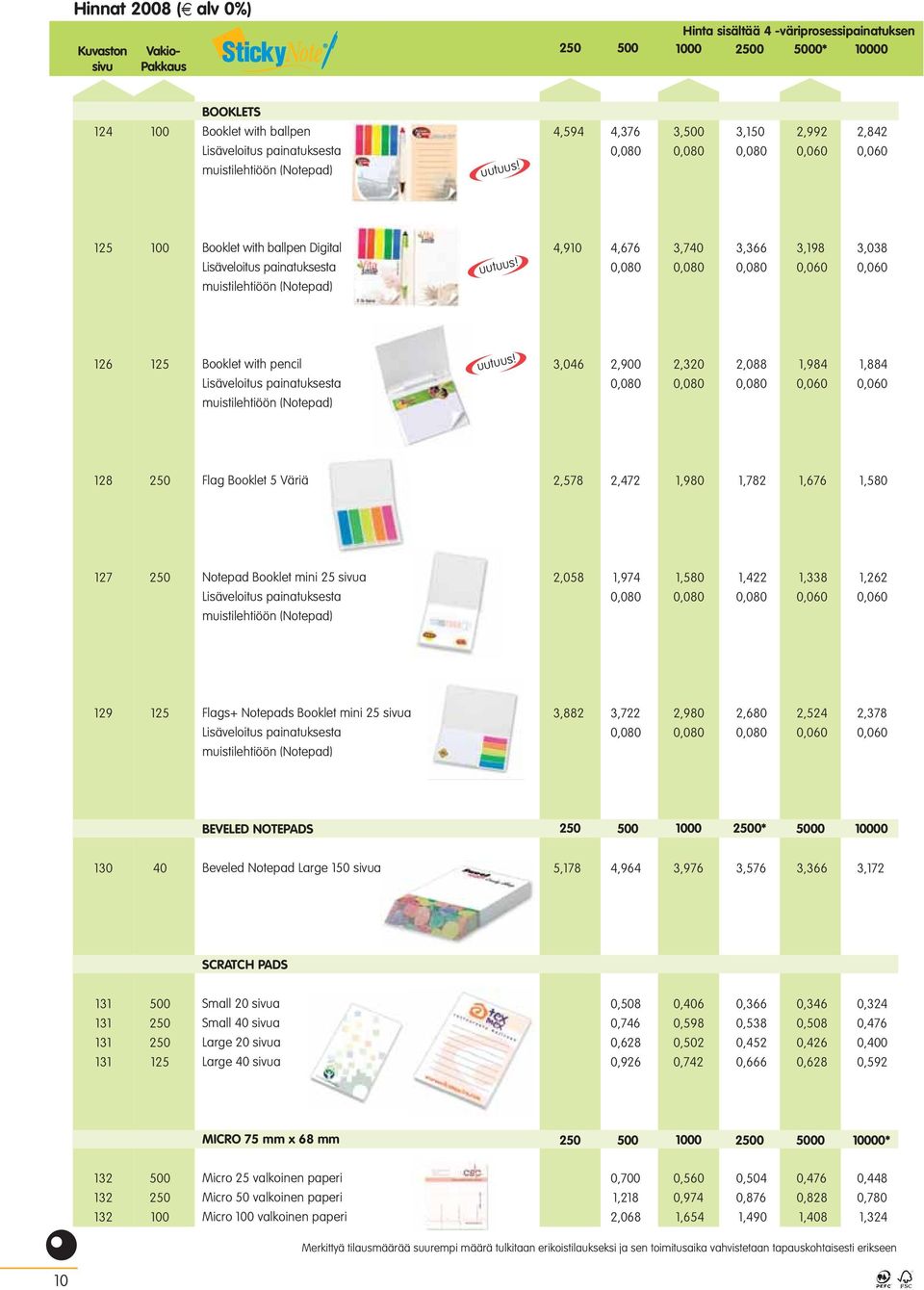 Booklet with pencil Lisäveloitus painatuksesta muistilehtiöön (Notepad) 3,046 2,900 2,320 2,088 1,984 1,884 0,080 0,080 0,080 0,060 0,060 128 250 Flag Booklet 5 Väriä 2,578 2,472 1,980 1,782 1,676