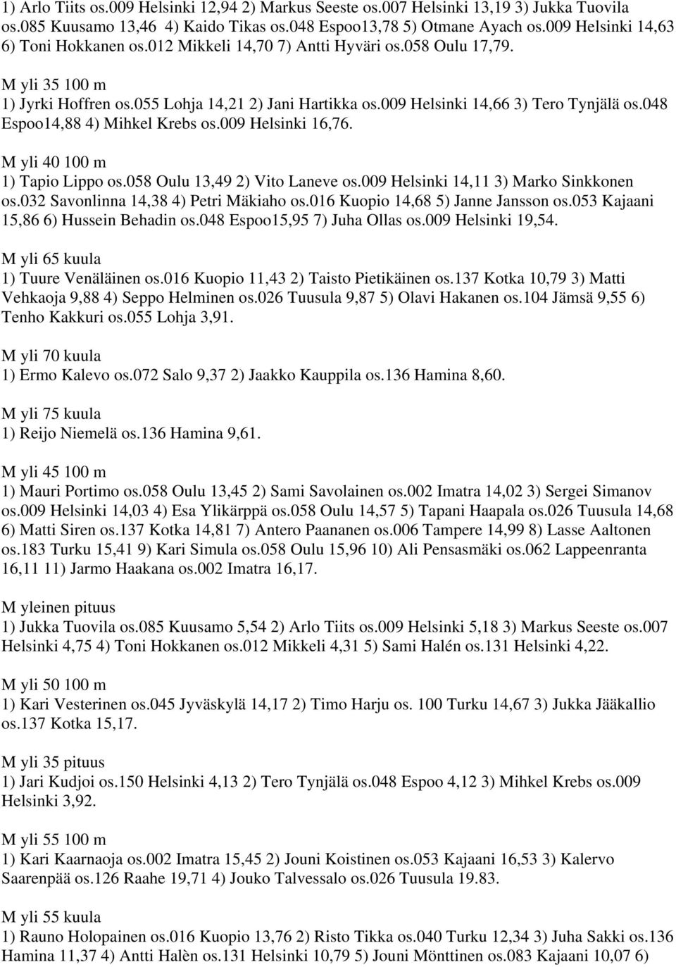 009 Helsinki 14,66 3) Tero Tynjälä os.048 Espoo14,88 4) Mihkel Krebs os.009 Helsinki 16,76. M yli 40 100 m 1) Tapio Lippo os.058 Oulu 13,49 2) Vito Laneve os.009 Helsinki 14,11 3) Marko Sinkkonen os.