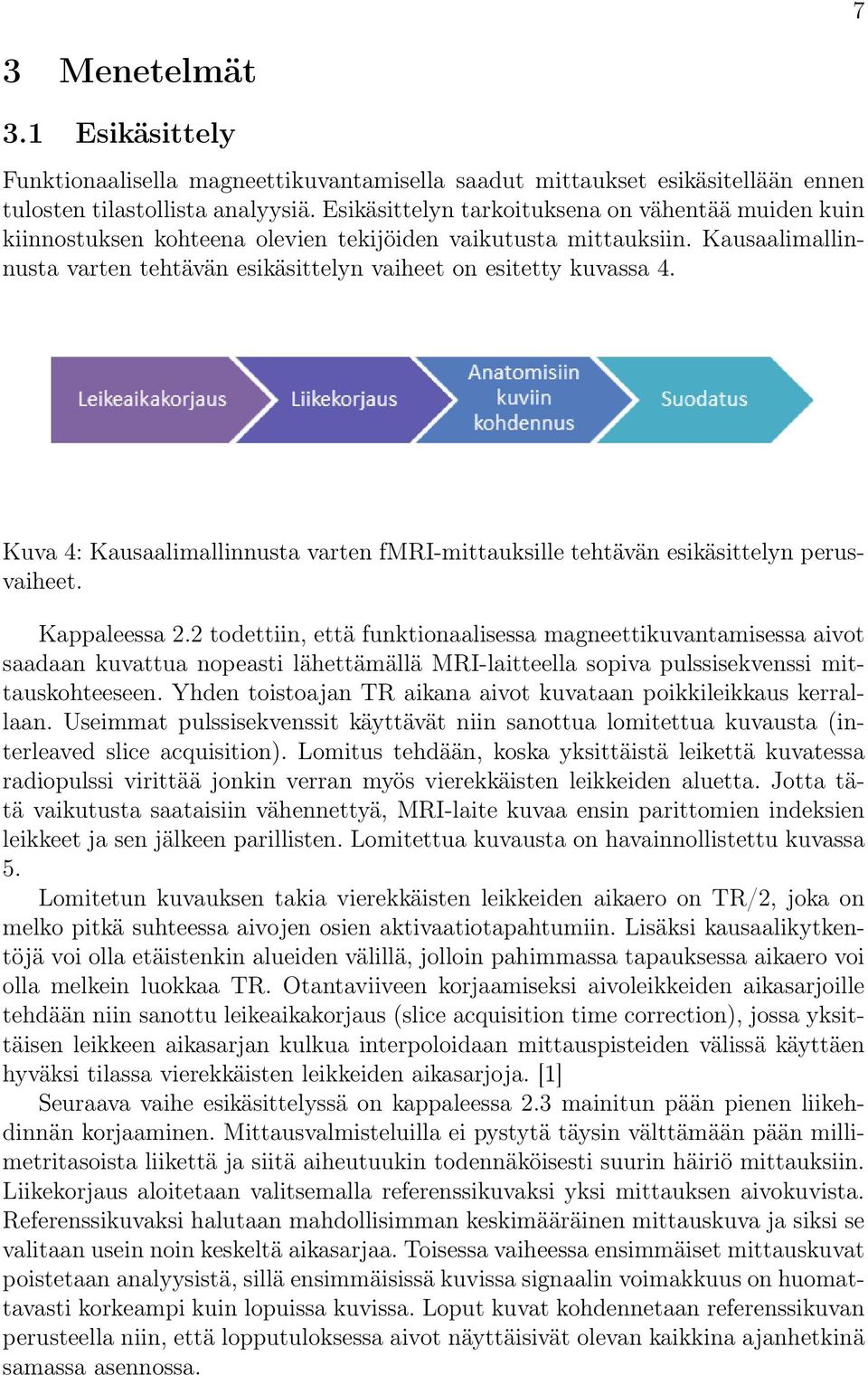 Kuva 4: Kausaalimallinnusta varten fmri-mittauksille tehtävän esikäsittelyn perusvaiheet. Kappaleessa 2.