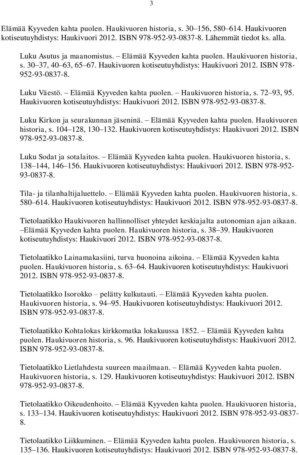 Haukivuoren historia, s. 72 93, 95. Haukivuoren kotiseutuyhdistys: Haukivuori 2012. ISBN 978-952-93-0837-8. Luku Kirkon ja seurakunnan jäseninä. Elämää Kyyveden kahta puolen. Haukivuoren historia, s.