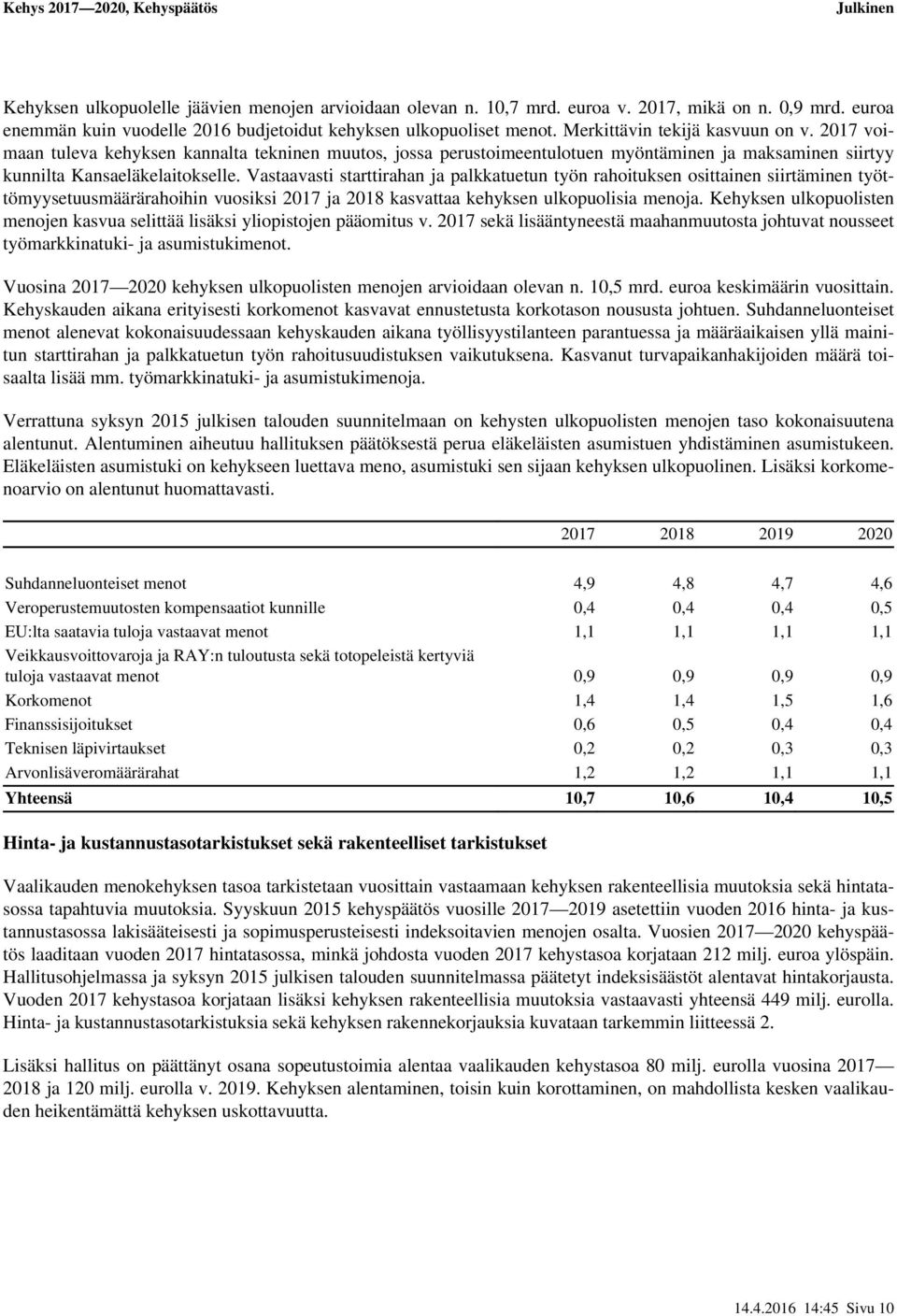 Vastaavasti starttirahan ja palkkatuetun työn rahoituksen osittainen siirtäminen työttömyysetuusmäärärahoihin vuosiksi 2017 ja 2018 kasvattaa kehyksen ulkopuolisia menoja.