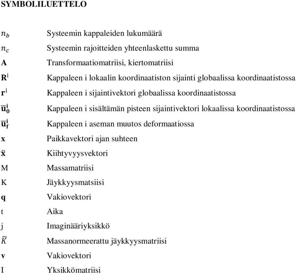 koordinaatistossa Kappaleen i sisältämän pisteen sijaintivektori lokaalissa koordinaatistossa Kappaleen i aseman muutos deformaatiossa