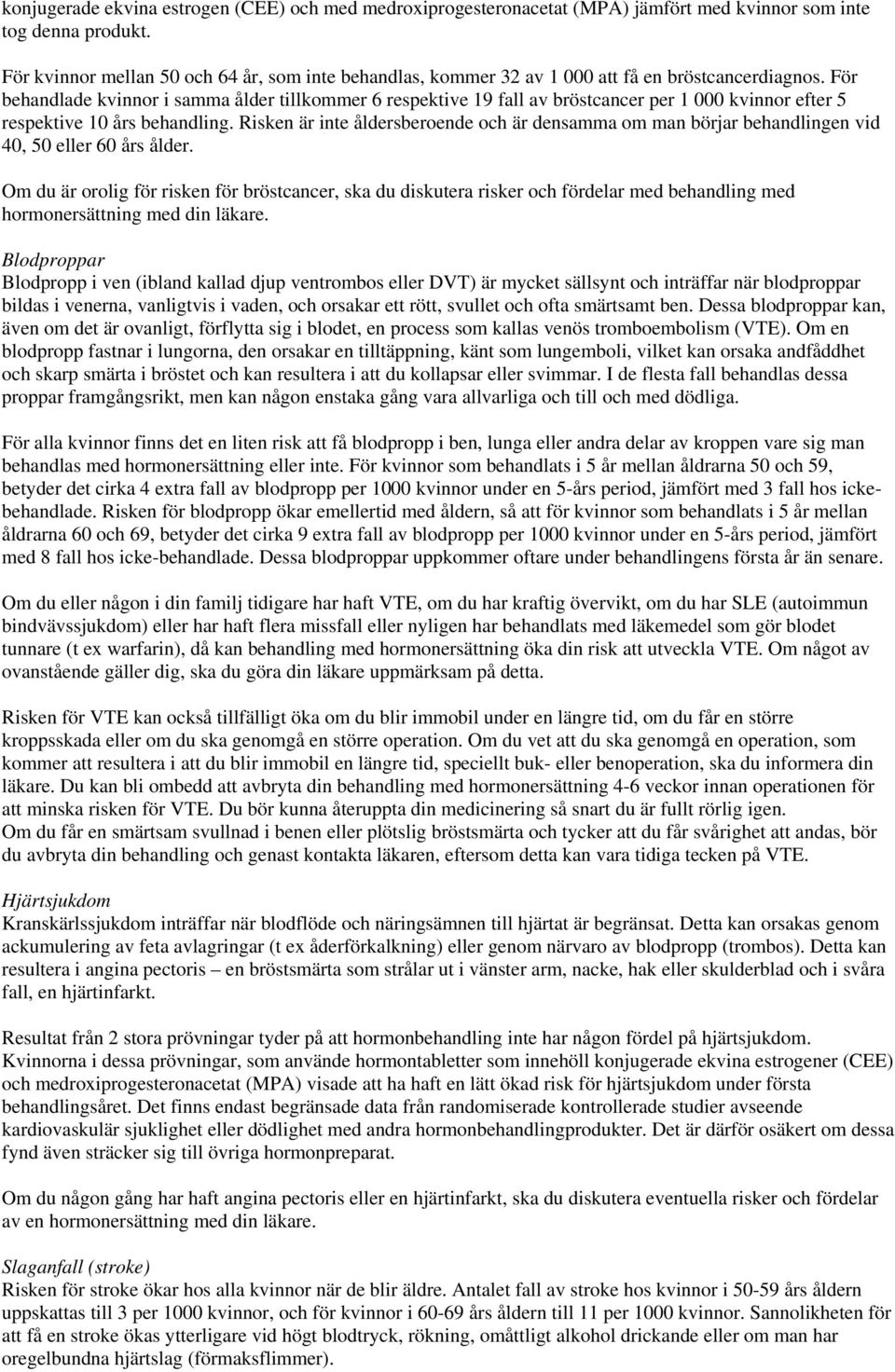 För behandlade kvinnor i samma ålder tillkommer 6 respektive 19 fall av bröstcancer per 1 000 kvinnor efter 5 respektive 10 års behandling.