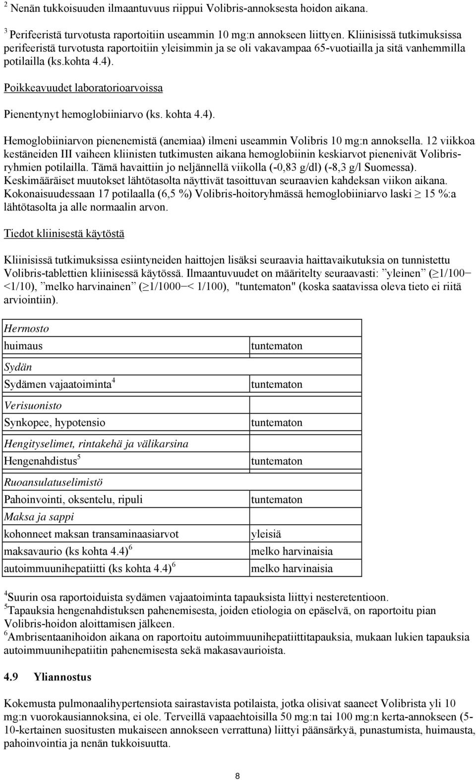Poikkeavuudet laboratorioarvoissa Pienentynyt hemoglobiiniarvo (ks. kohta 4.4). Hemoglobiiniarvon pienenemistä (anemiaa) ilmeni useammin Volibris 10 mg:n annoksella.