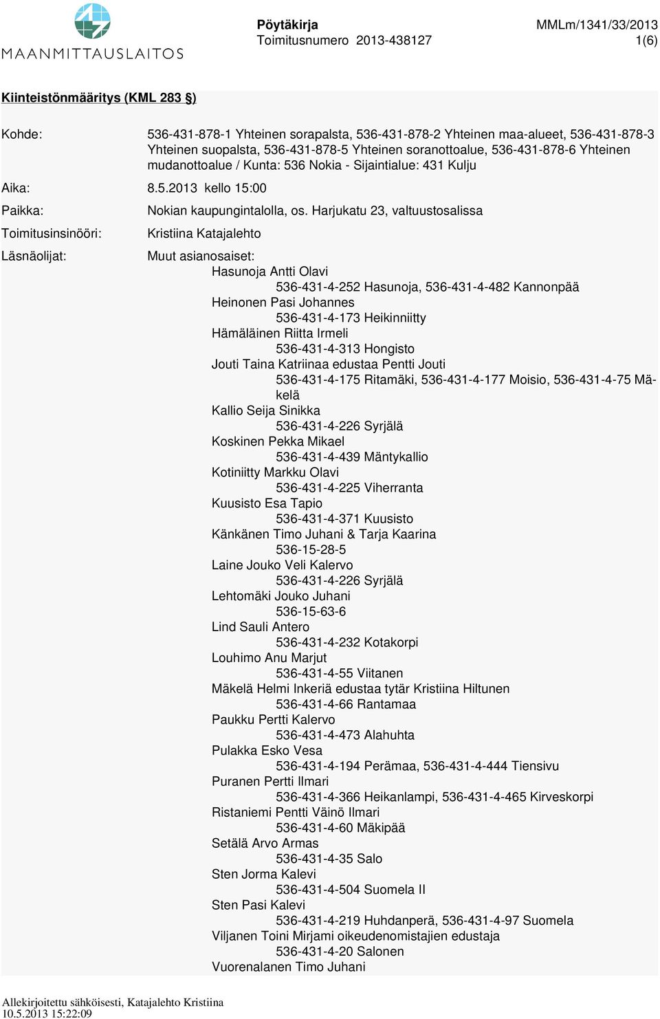 Harjukatu 23, valtuustosalissa Kristiina Katajalehto Muut asianosaiset: Hasunoja Antti Olavi 536-431-4-252 Hasunoja, 536-431-4-482 Kannonpää Heinonen Pasi Johannes 536-431-4-173 Heikinniitty