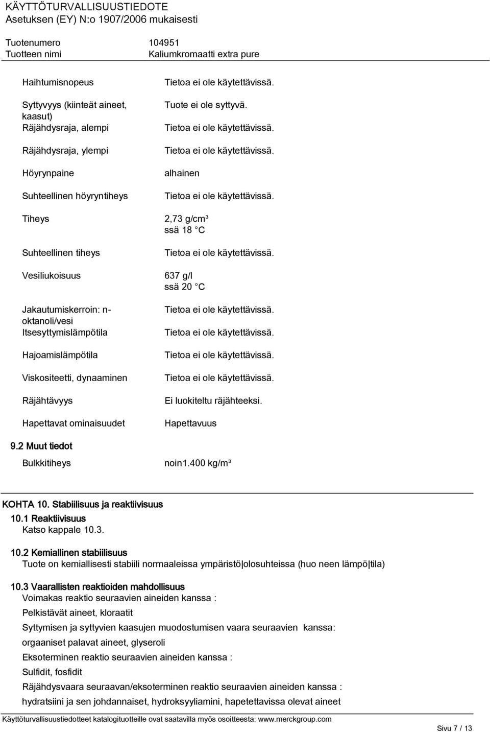 alhainen 2,73 g/cm³ ssä 18 C 637 g/l ssä 20 C Ei luokiteltu räjähteeksi. Hapettavuus noin1.400 kg/m³ KOHTA 10.