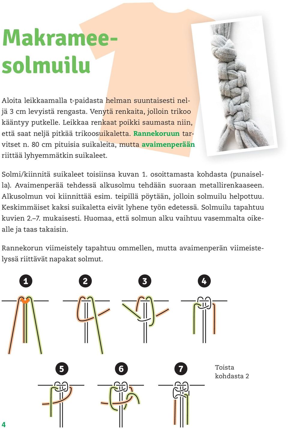 Solmi/kiinnitä suikaleet toisiinsa kuvan 1. osoittamasta kohdasta (punaisella). Avaimenperää tehdessä alkusolmu tehdään suoraan metallirenkaaseen. Alkusolmun voi kiinnittää esim.