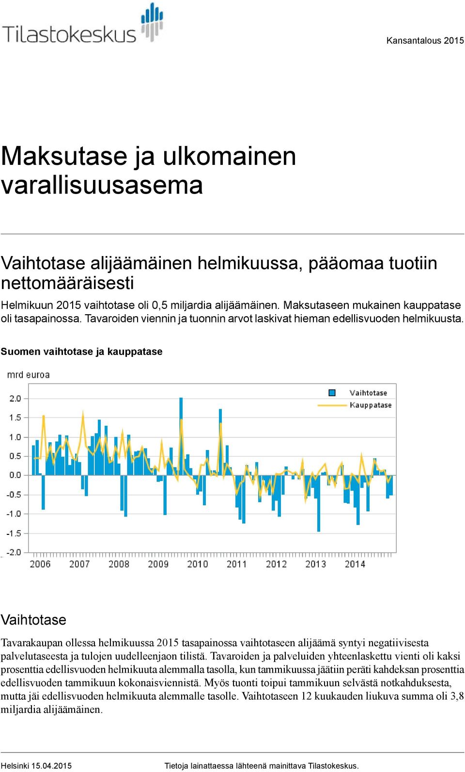 tasapainossa vaihtotaseen alijäämä syntyi negatiivisesta palvelutaseesta ja tulojen uudelleenjaon tilistä Tavaroiden ja palveluiden yhteenlaskettu vienti oli kaksi prosenttia edellisvuoden helmikuuta