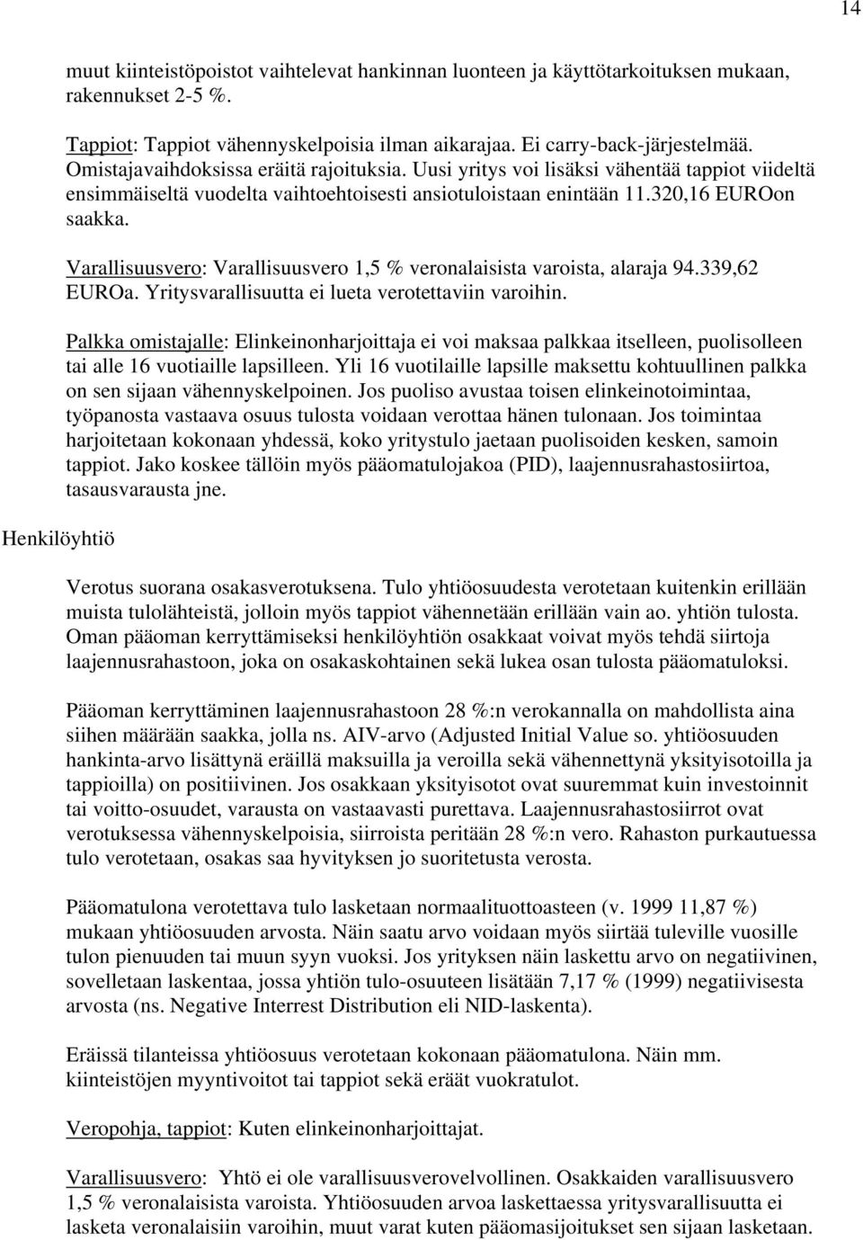 Varallisuusvero: Varallisuusvero 1,5 % veronalaisista varoista, alaraja 94.339,62 EUROa. Yritysvarallisuutta ei lueta verotettaviin varoihin.