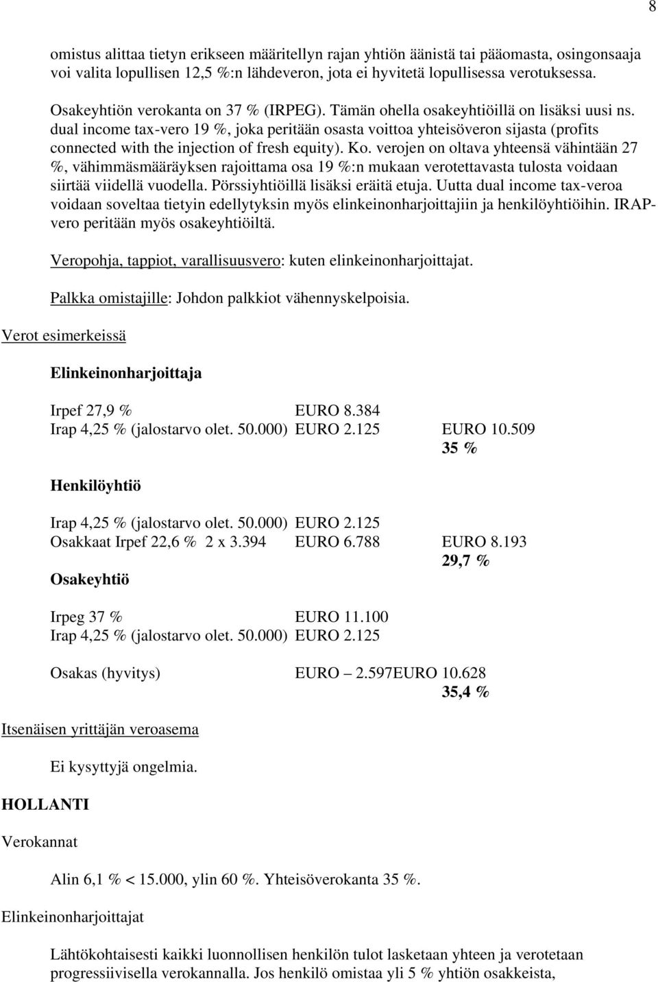 dual income tax-vero 19 %, joka peritään osasta voittoa yhteisöveron sijasta (profits connected with the injection of fresh equity). Ko.