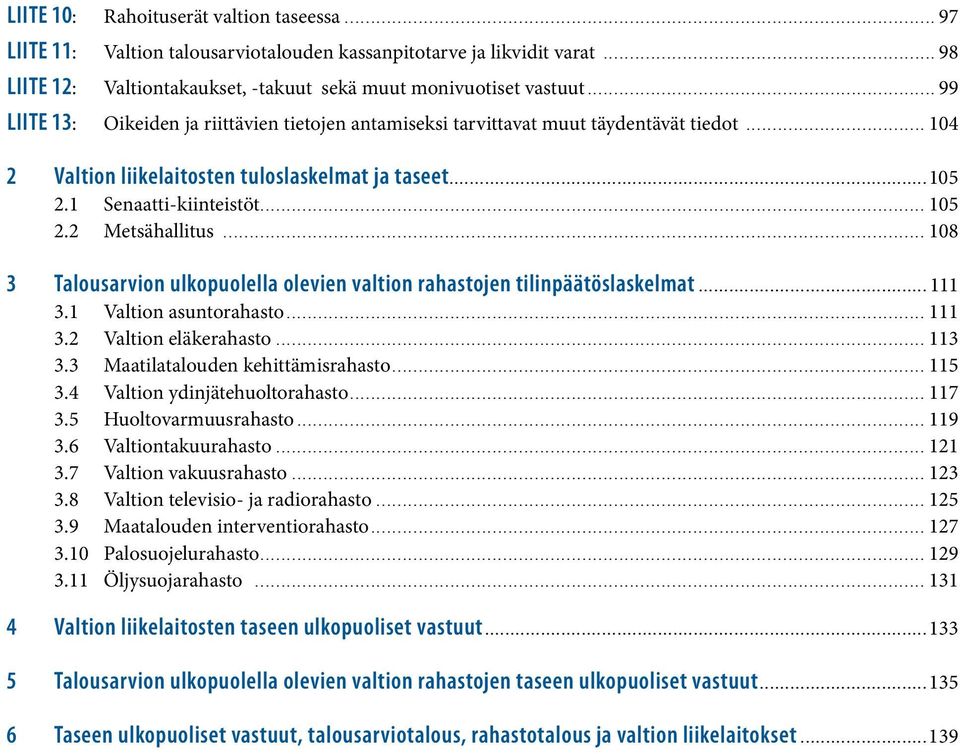 2 Metsähallitus... 108 3 Talousarvion ulkopuolella olevien valtion rahastojen tilinpäätöslaskelmat...111 3.1 Valtion asuntorahasto... 111 3.2 Valtion eläkerahasto... 113 3.