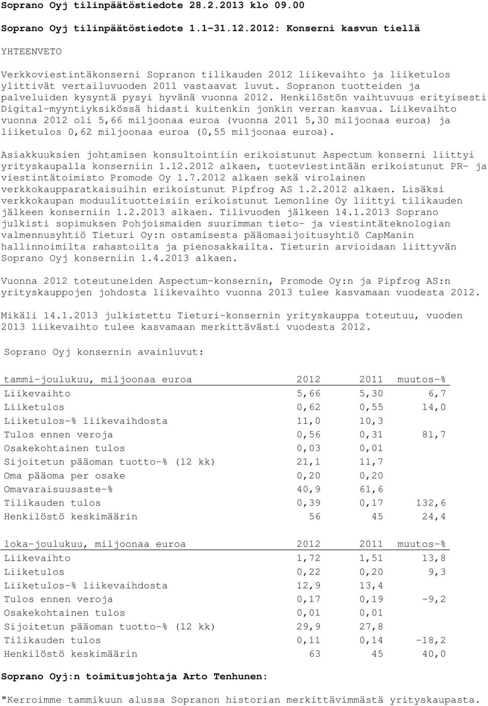 Sopranon tuotteiden ja palveluiden kysyntä pysyi hyvänä vuonna 2012. Henkilöstön vaihtuvuus erityisesti Digital-myyntiyksikössä hidasti kuitenkin jonkin verran kasvua.