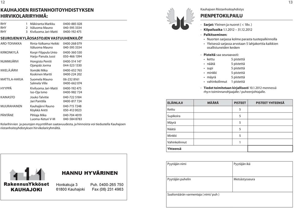 050-466 1394 NUMMIJÄRVI Hongisto Pentti 0400-514 147 Ojanpää Jorma 044-523 1330 IKKELÄJÄRVI Ilomäki Mika 0400-652 765 Koskinen Martti 0400-224 202 MATTILA-HARJA Suomela Mauno 06-232 8161 Salmela