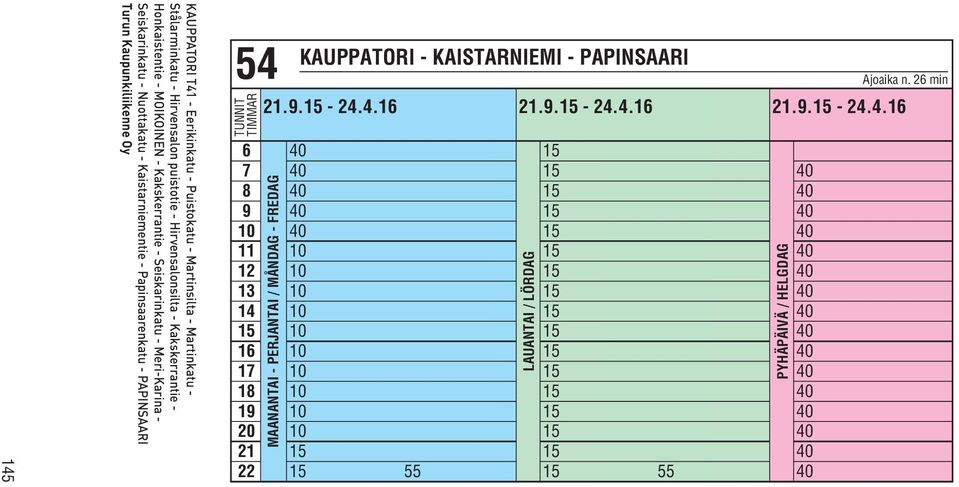 40 18 10 15 40 19 10 15 40 20 10 15 40 21 15 15 40 22 15 55 15 55 40 KAUPPATORI T41 - Eerikinkatu - Puistokatu - Martinsilta - Martinkatu -