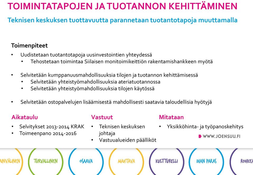Selvitetään yhteistyömahdollisuuksia ateriatuotannossa Selvitetään yhteistyömahdollisuuksia tilojen käytössä Selvitetään ostopalvelujen lisäämisestä mahdollisesti