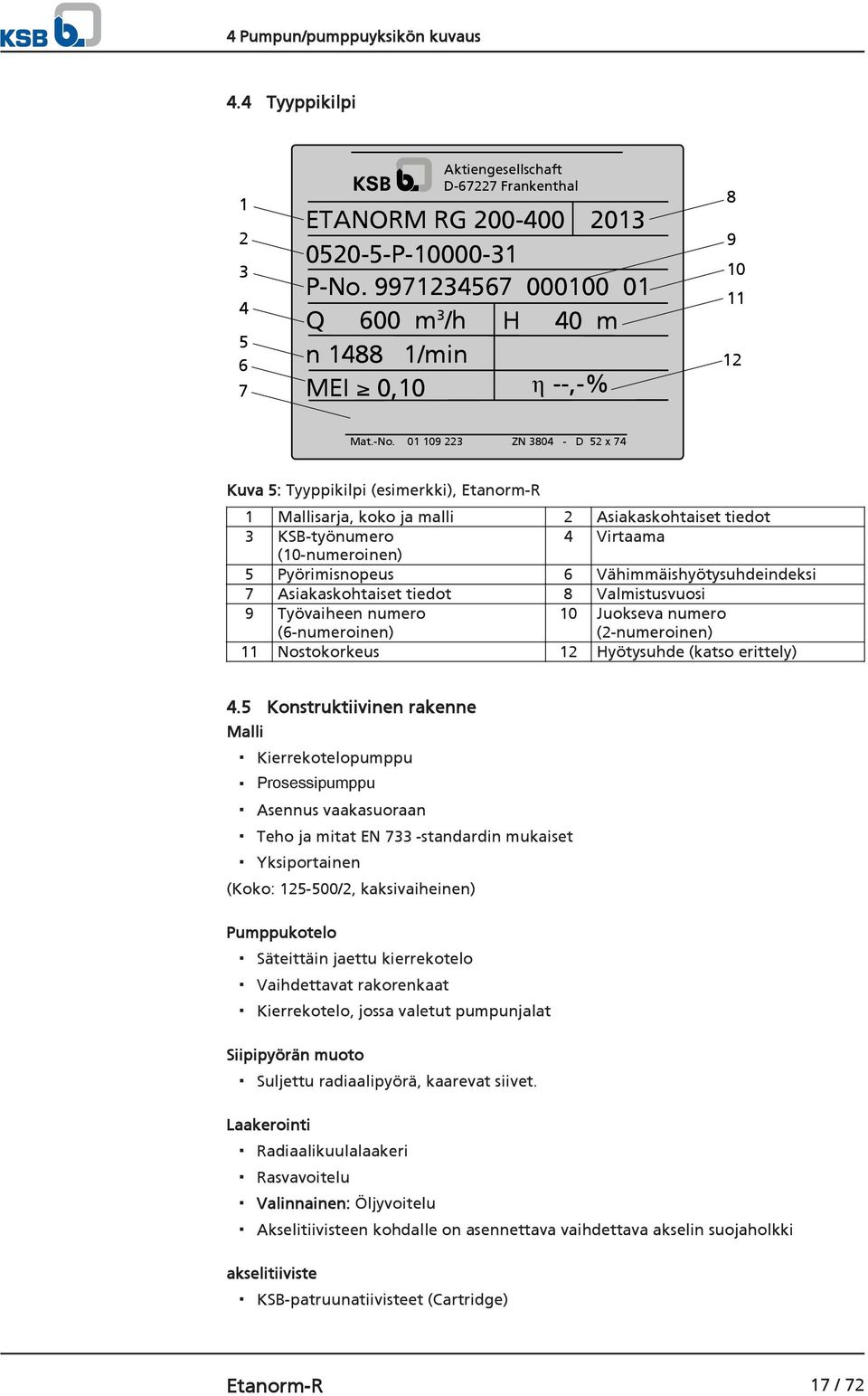 01 109 223 ZN 3804 - D 52 x 74 Kuva 5: Tyyppikilpi (esimerkki), Etanorm-R 1 Mallisarja, koko ja malli 2 Asiakaskohtaiset tiedot 3 KSB-työnumero 4 Virtaama (10-numeroinen) 5 Pyörimisnopeus 6