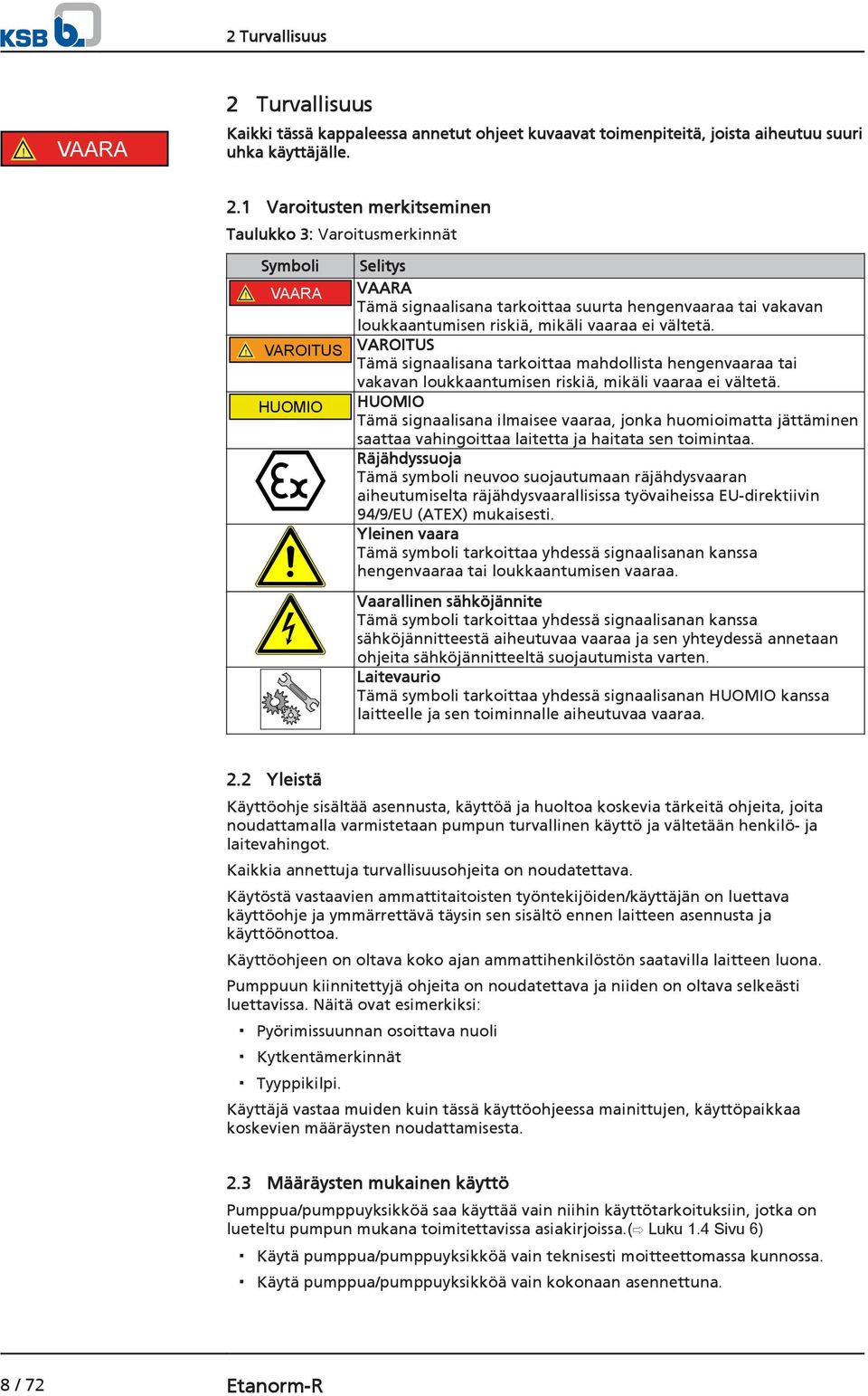 ! VAROITUS VAROITUS Tämä signaalisana tarkoittaa mahdollista hengenvaaraa tai vakavan loukkaantumisen riskiä, mikäli vaaraa ei vältetä.