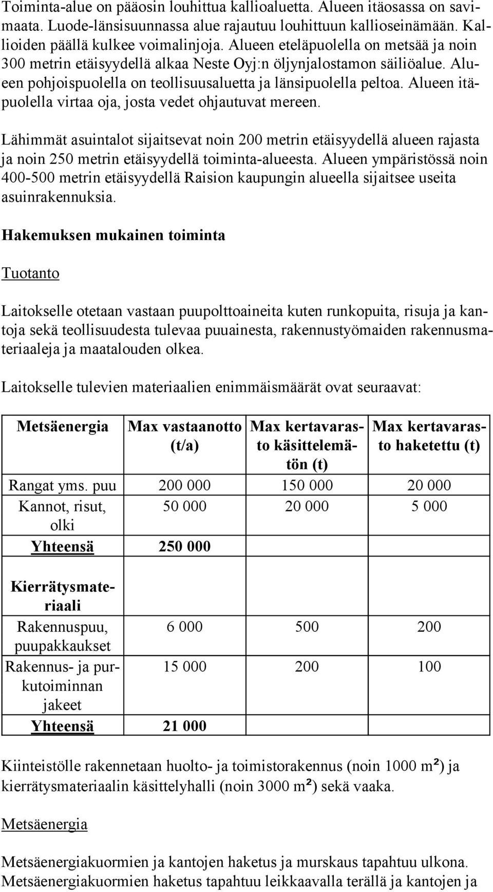 Alueen itäpuo lel la virtaa oja, josta vedet ohjautuvat mereen. Lähimmät asuintalot sijaitsevat noin 200 metrin etäi syy del lä alueen rajasta ja noin 250 metrin etäisyydellä toiminta-alueesta.