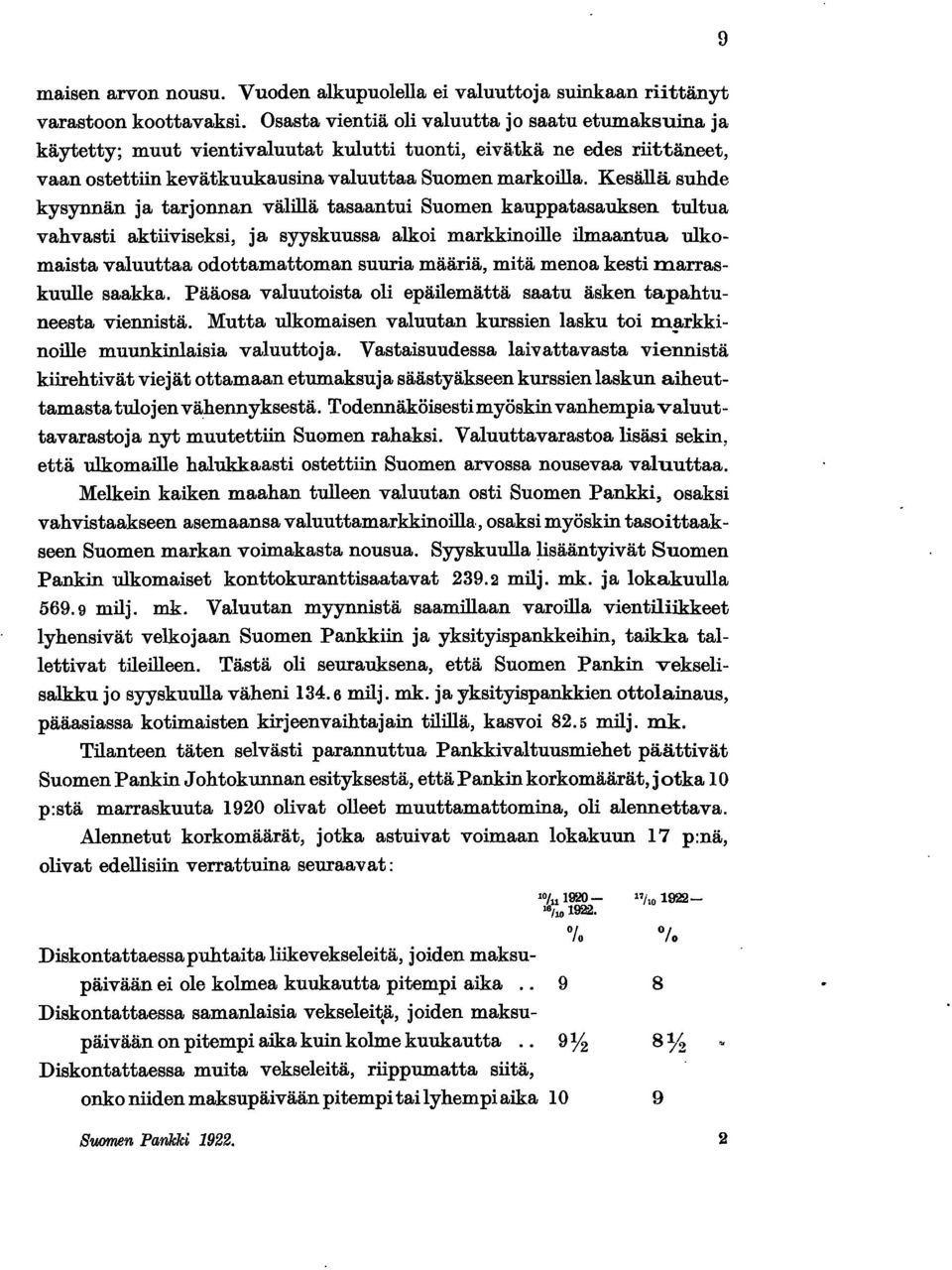 Kesällä suhde kysynnän ja tarjonnan välillä tasaantui Suomen kauppatasauksen tultua vahvasti aktiiviseksi, ja syyskuussa alkoi markkinoille ilmaantua ulkomaista valuuttaa odottamattoman suuria