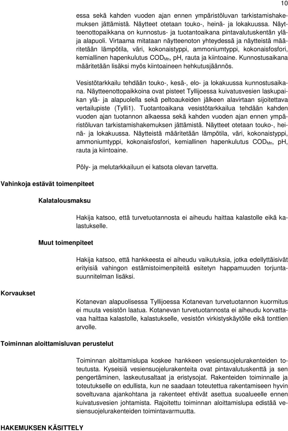 Virtaama mitataan näytteenoton yhteydessä ja näytteistä määritetään lämpötila, väri, kokonaistyppi, ammoniumtyppi, kokonaisfosfori, kemiallinen hapenkulutus COD Mn, ph, rauta ja kiintoaine.