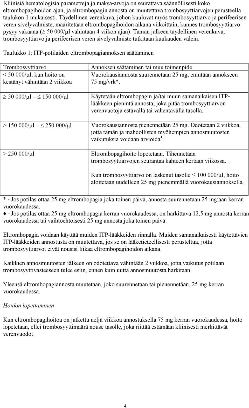 Täydellinen verenkuva, johon kuuluvat myös trombosyyttiarvo ja perifeerisen veren sivelyvalmiste, määritetään eltrombopagihoidon aikana viikoittain, kunnes trombosyyttiarvo pysyy vakaana ( 50 000/µl