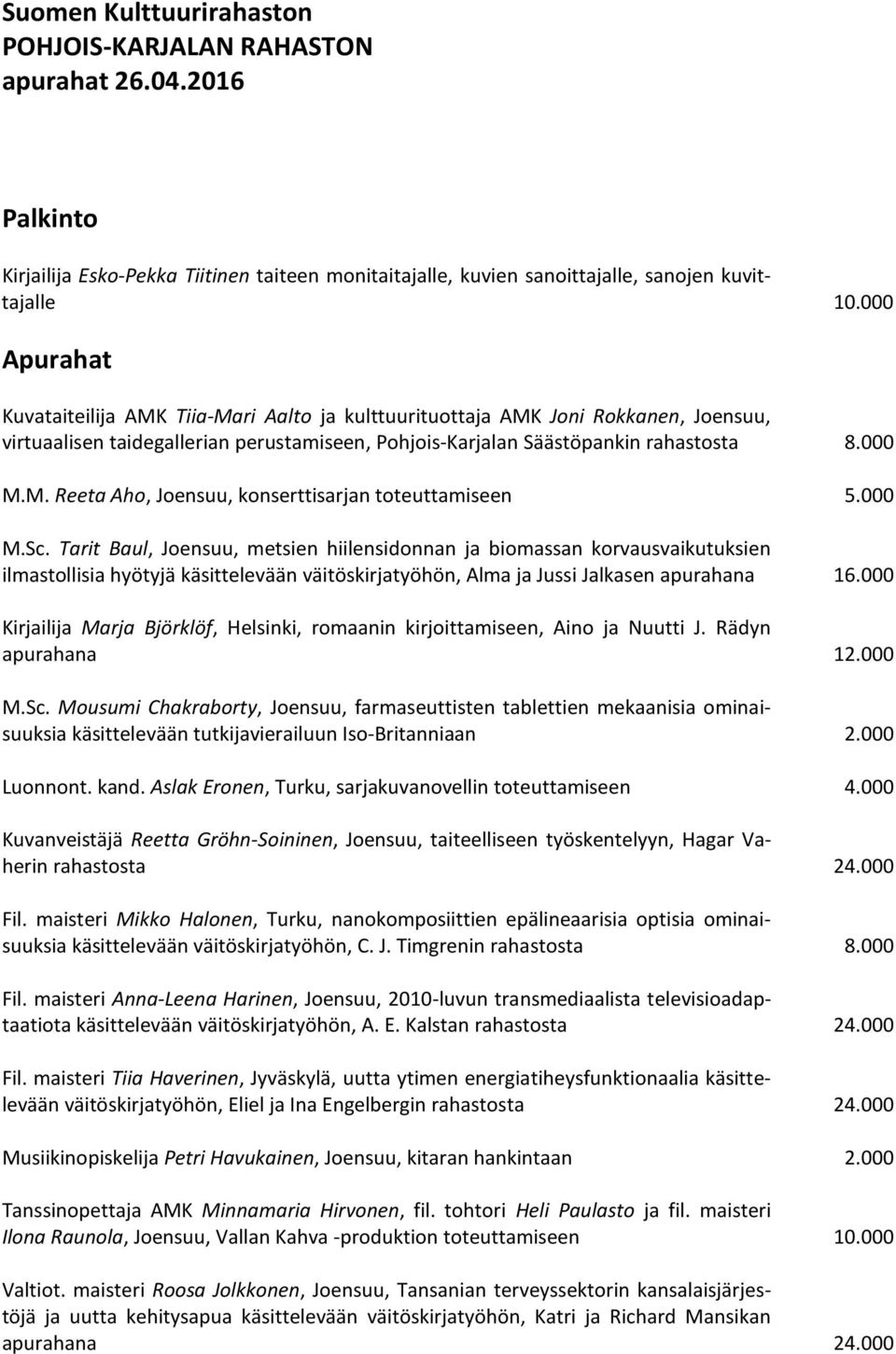 000 M.Sc. Tarit Baul, Joensuu, metsien hiilensidonnan ja biomassan korvausvaikutuksien ilmastollisia hyötyjä käsittelevään väitöskirjatyöhön, Alma ja Jussi Jalkasen apurahana 16.