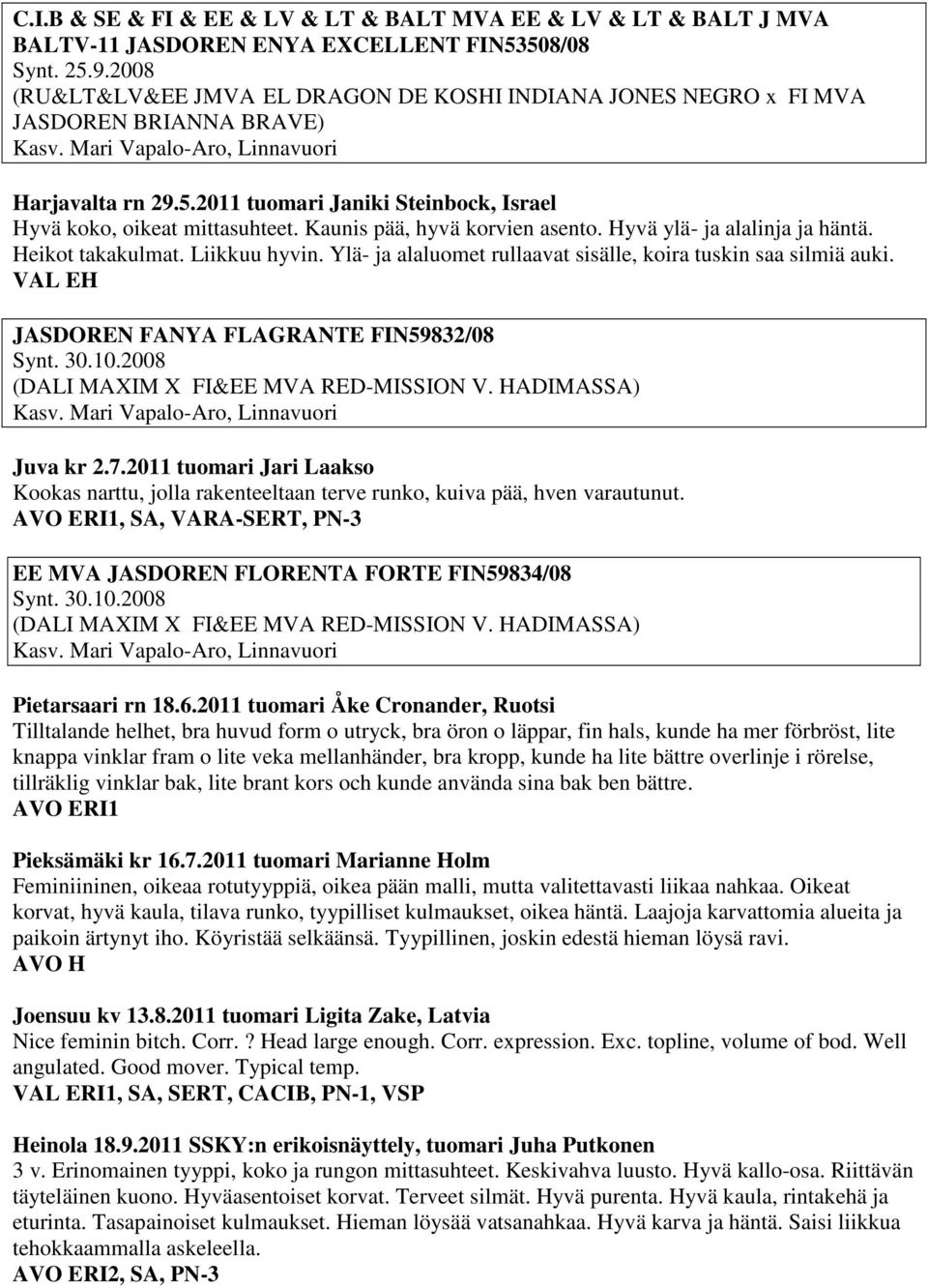 2011 tuomari Janiki Steinbock, Israel Hyvä koko, oikeat mittasuhteet. Kaunis pää, hyvä korvien asento. Hyvä ylä- ja alalinja ja häntä. Heikot takakulmat. Liikkuu hyvin.