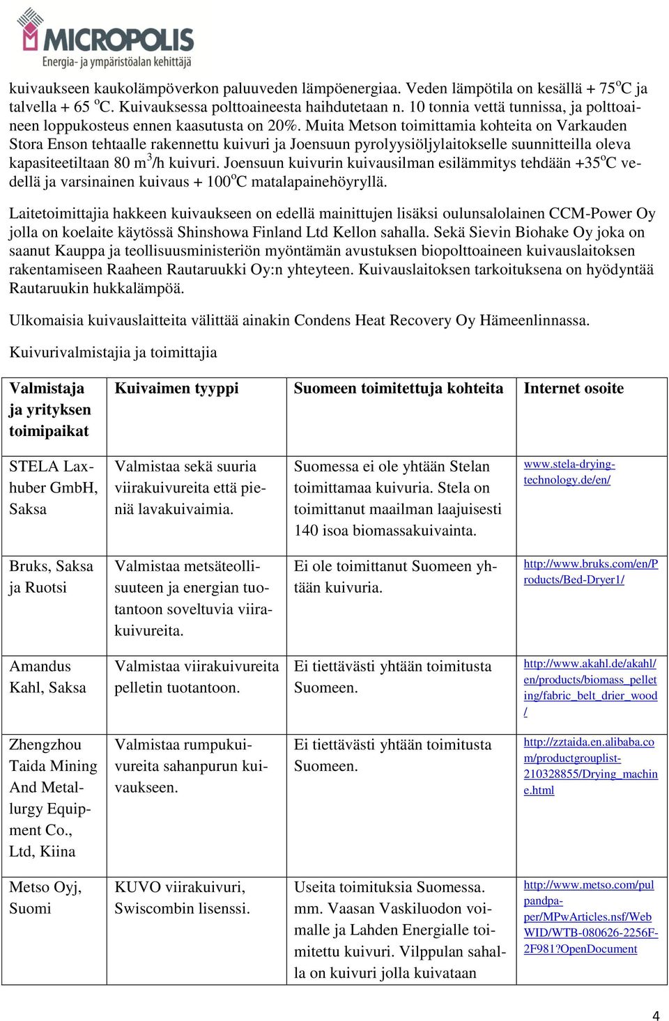 Muita Metson toimittamia kohteita on Varkauden Stora Enson tehtaalle rakennettu kuivuri ja Joensuun pyrolyysiöljylaitokselle suunnitteilla oleva kapasiteetiltaan 80 m 3 /h kuivuri.