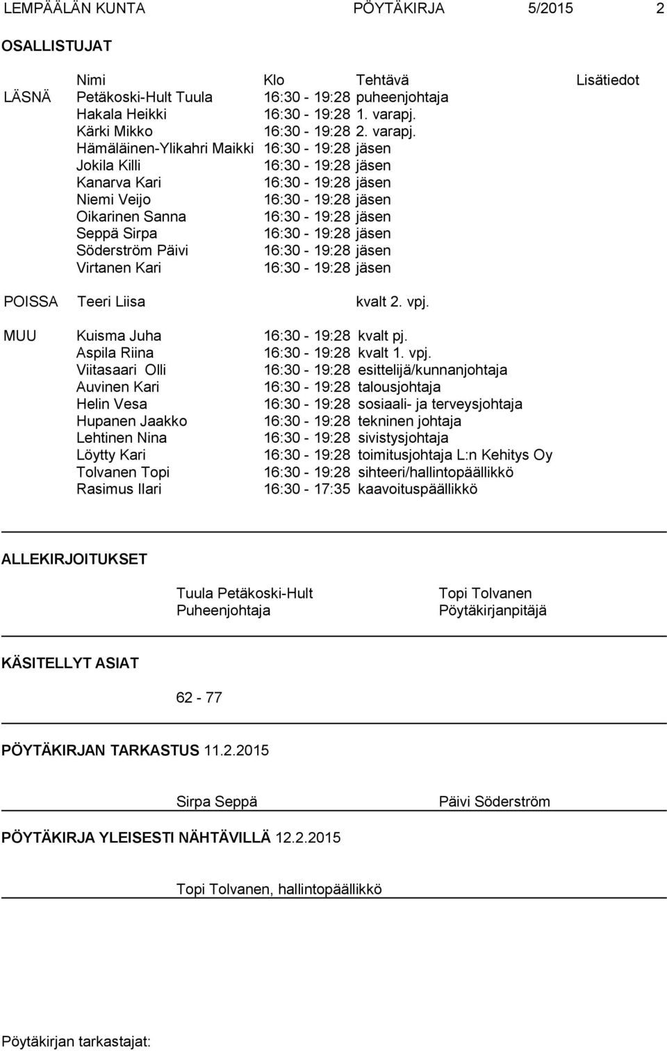 Hämäläinen-Ylikahri Maikki 16:30-19:28 jäsen Jokila Killi 16:30-19:28 jäsen Kanarva Kari 16:30-19:28 jäsen Niemi Veijo 16:30-19:28 jäsen Oikarinen Sanna 16:30-19:28 jäsen Seppä Sirpa 16:30-19:28