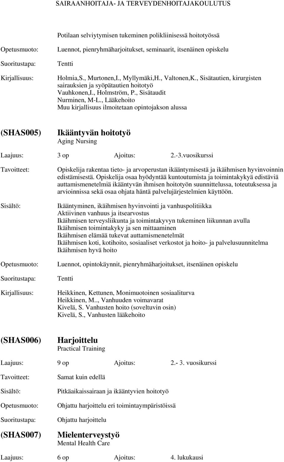 , Lääkehoito Muu kirjallisuus ilmoitetaan opintojakson alussa (SHAS005) Ikääntyvän hoitotyö Aging Nursing Laajuus: 3 op Ajoitus: 2.-3.