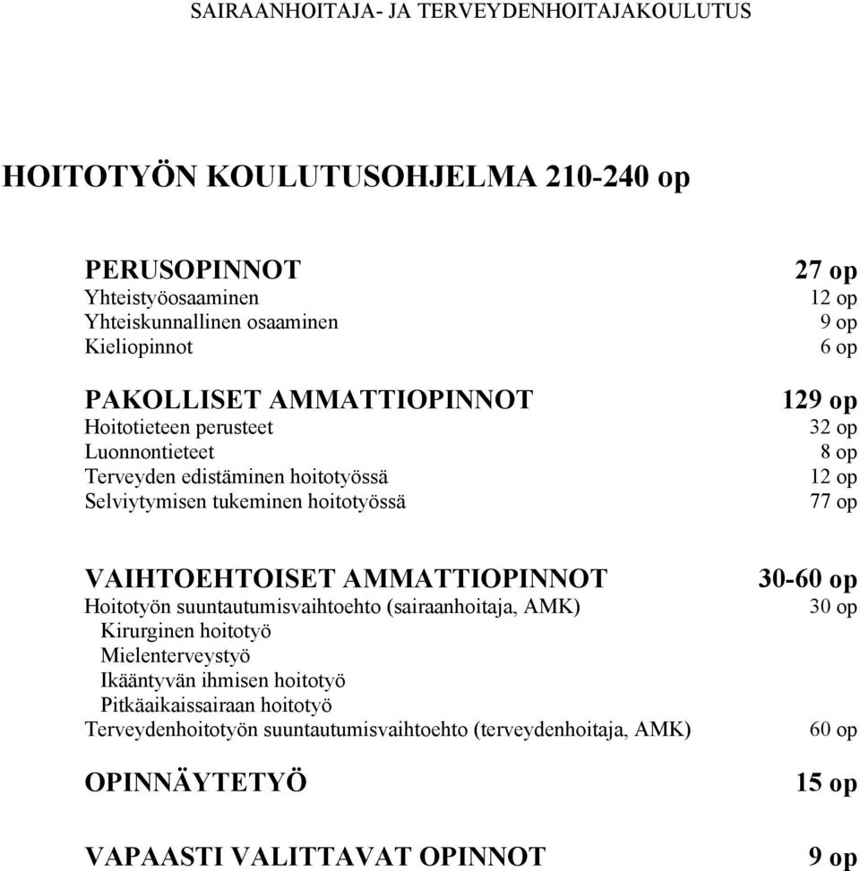 VAIHTOEHTOISET AMMATTIOPINNOT Hoitotyön suuntautumisvaihtoehto (sairaanhoitaja, AMK) Kirurginen hoitotyö Mielenterveystyö Ikääntyvän ihmisen hoitotyö